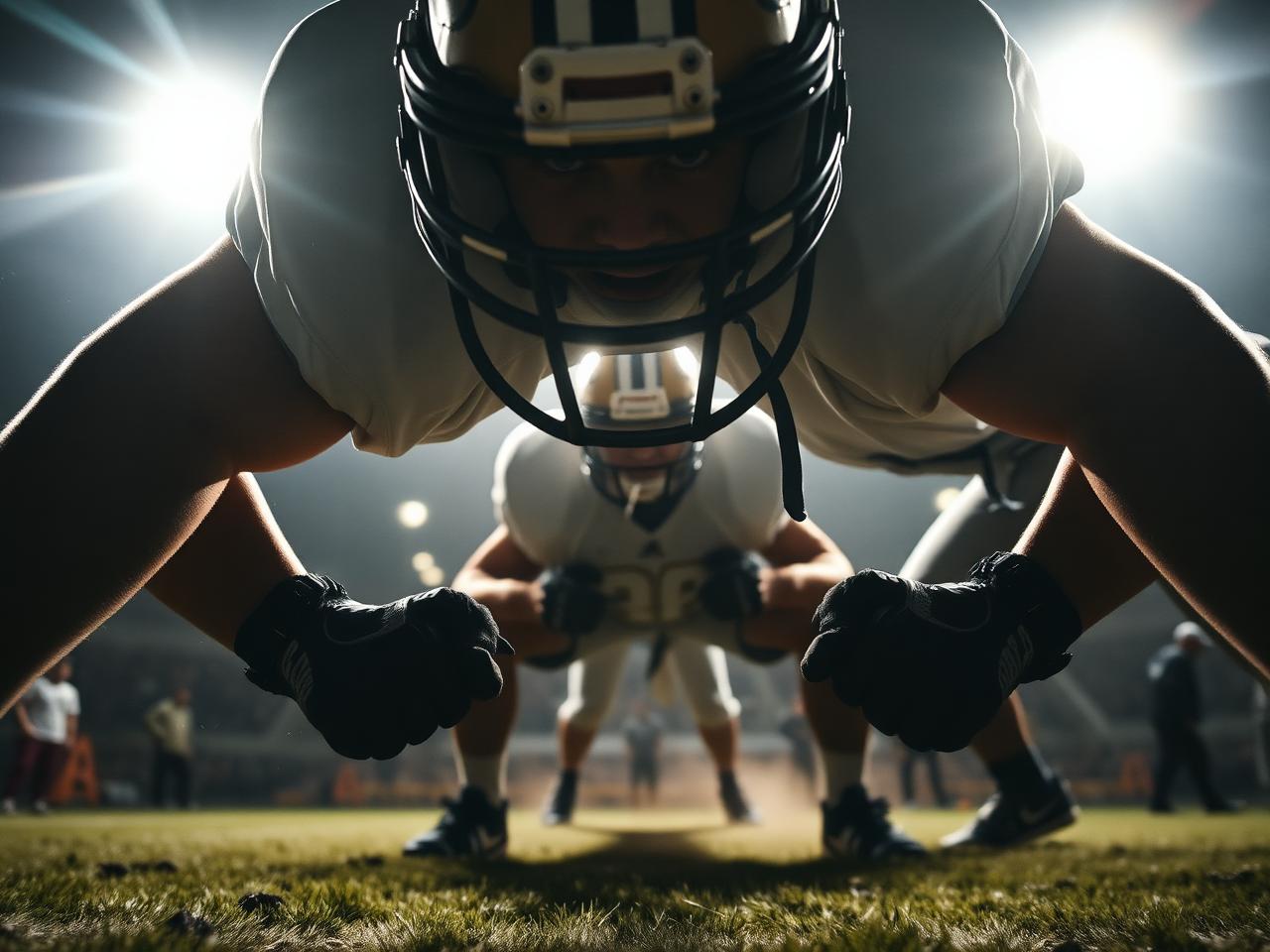 Football lineman in three-point stance